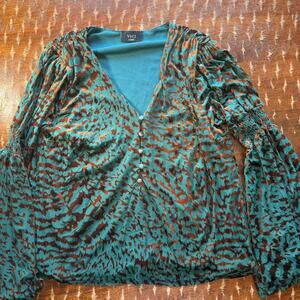 VICI Burnout Velvet Bell Sleeve Blouse Y2K Womens‎ Size Large Teal Copper G7221